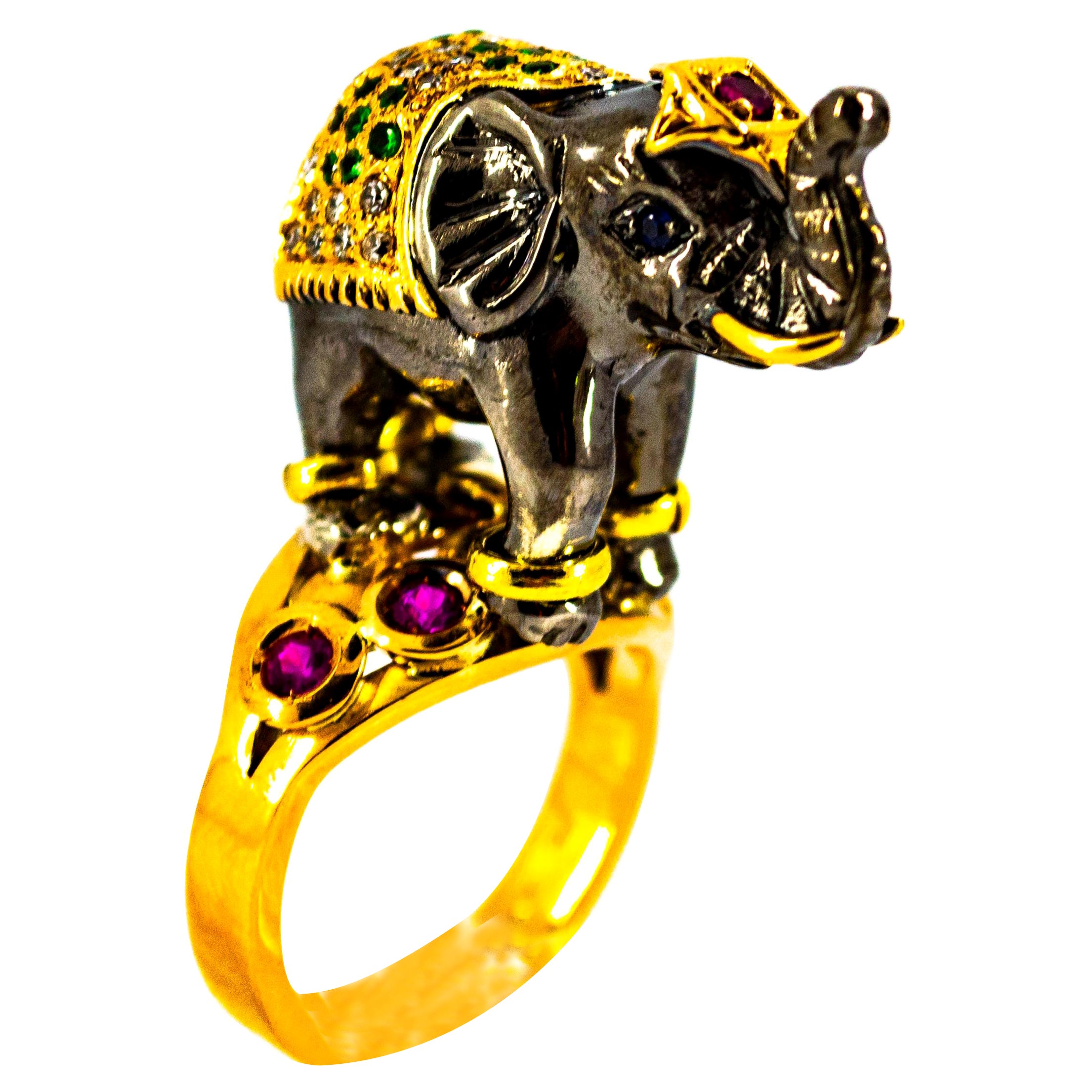 White Diamond Ruby Sapphire Tsavorite Yellow Gold Cocktail Elephant Ring For Sale