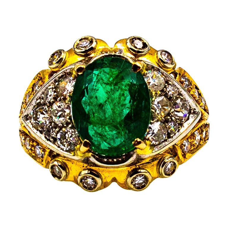 Art Deco Style 5.20 Carat Emerald White Diamond Yellow Gold Cocktail Ring For Sale