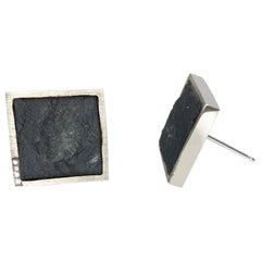 Diamond Pave' in White Gold on Rough Hematite Square Stud Earrings