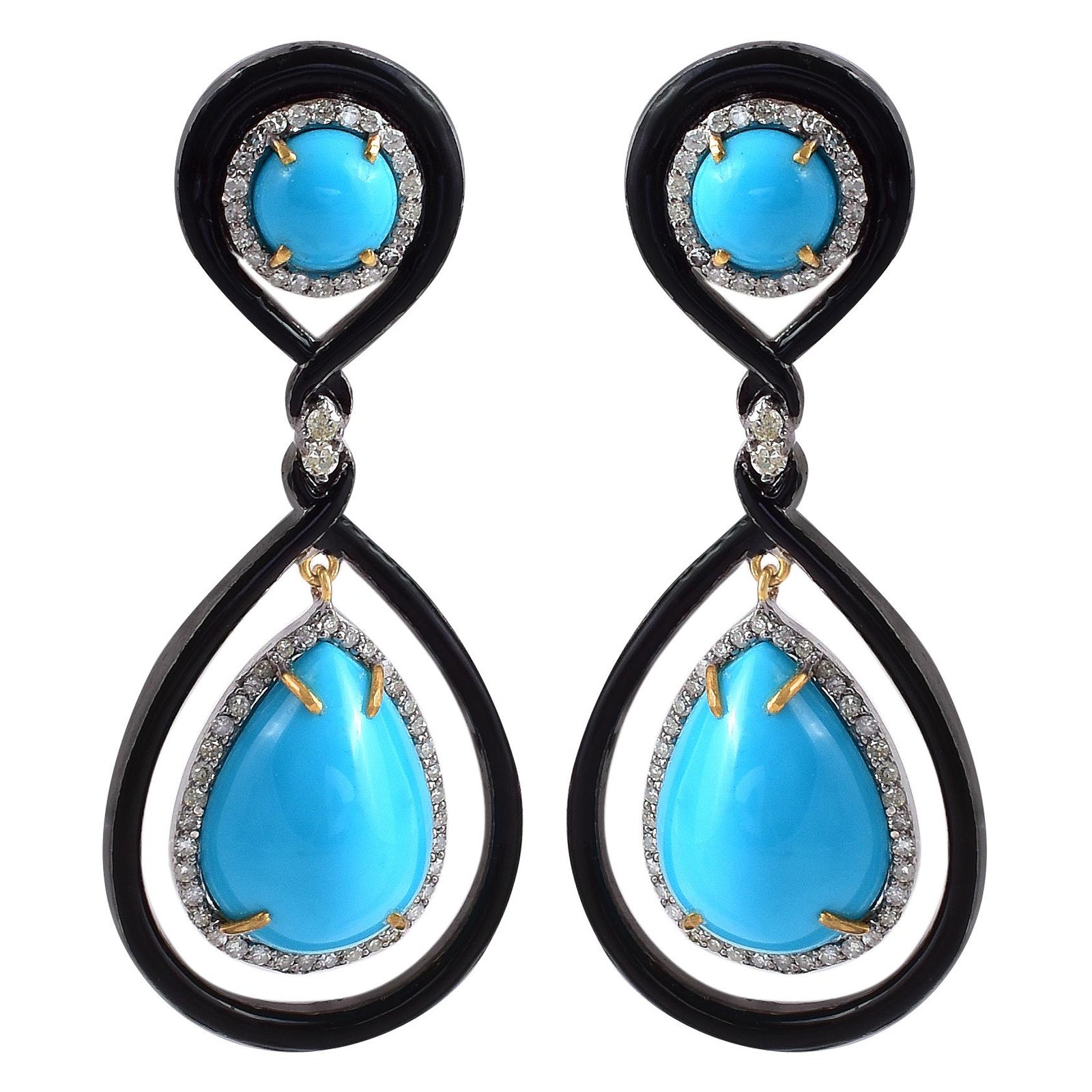18.06 Carat Turquoise and Diamond Dangle Earrings Contemporary Victorian Style For Sale