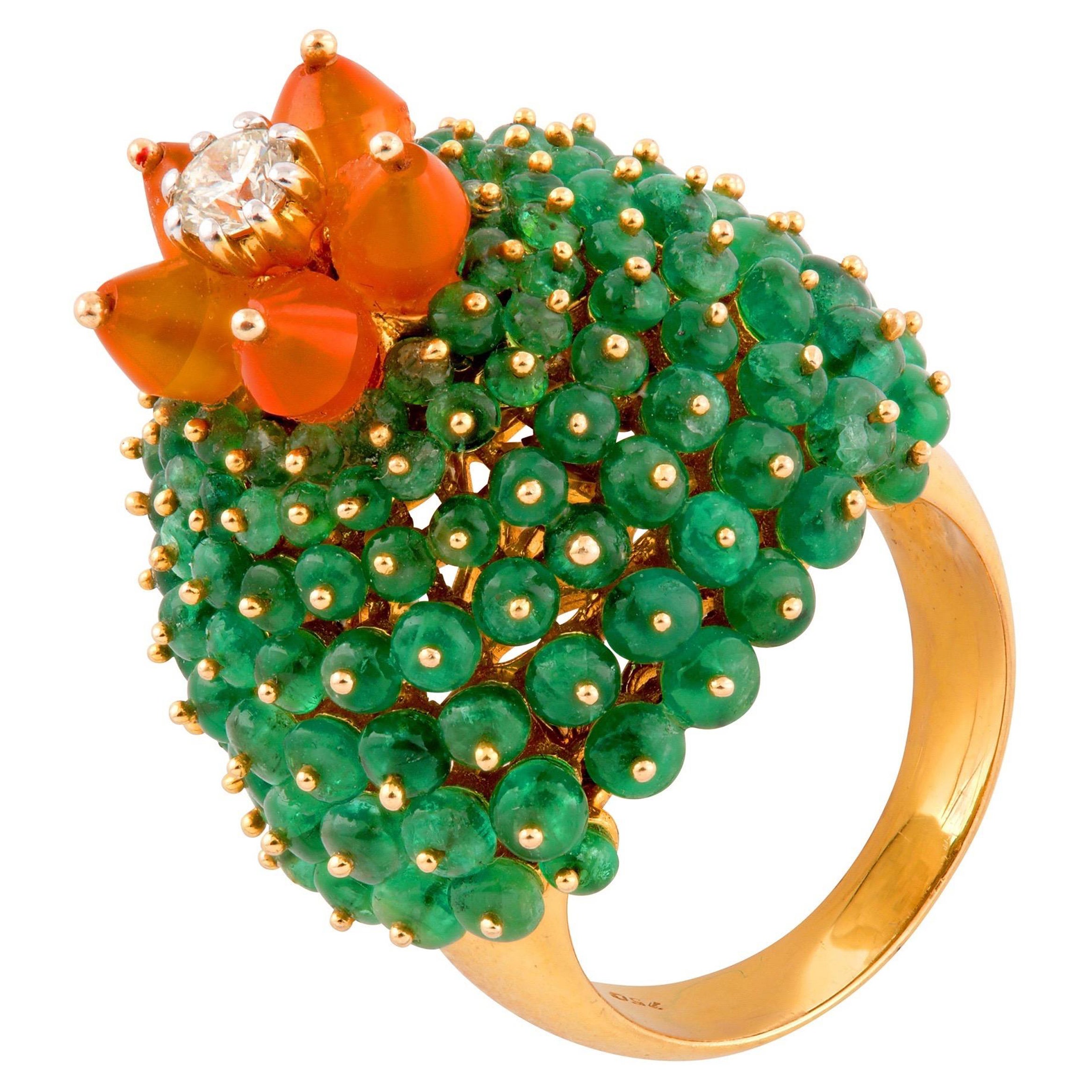 Vintage Emerald Fire Opal Diamond Bombe Cactus Cocktail Ring Yellow Gold 1990s