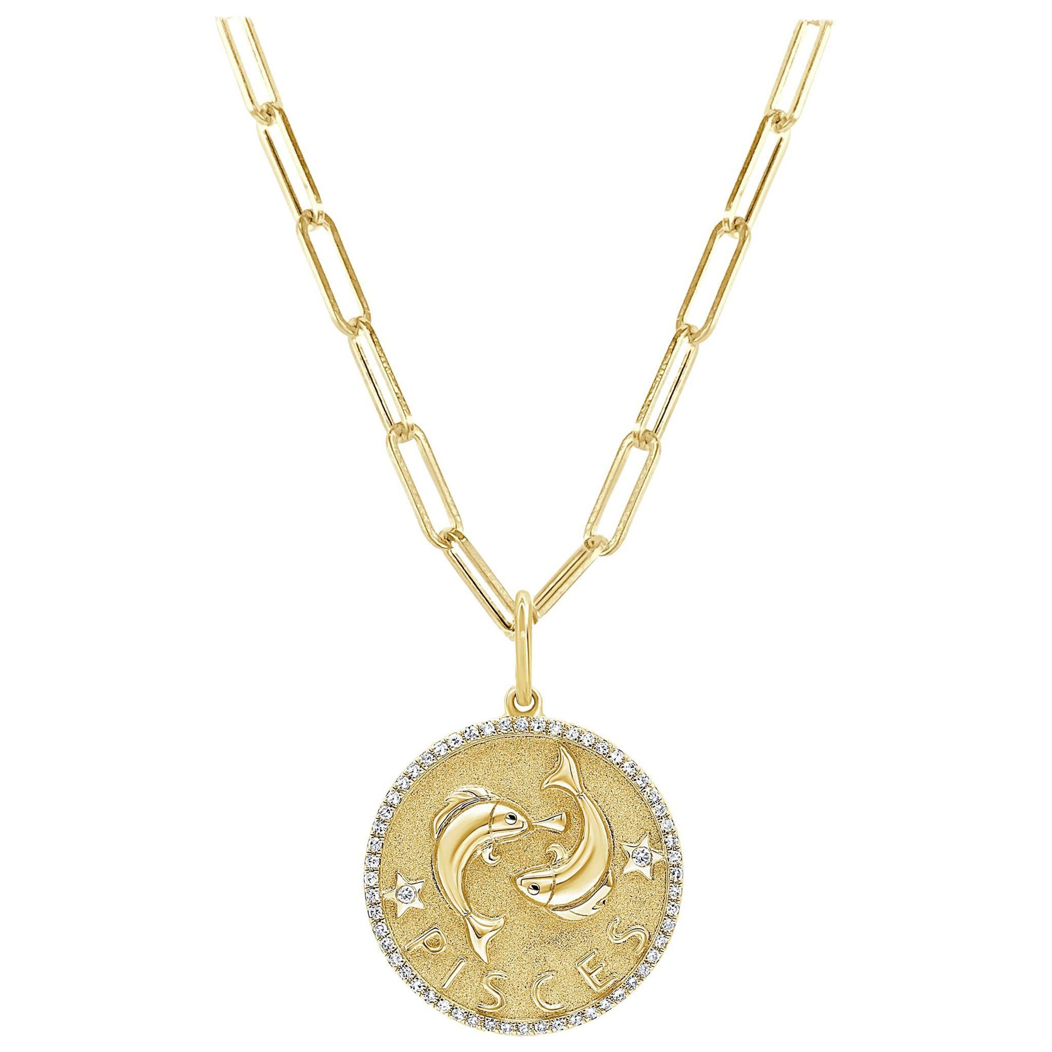 Zodiac Diamond Necklace 14K Yellow Gold 1/5 CT TDW Gifts for Her, Pisces For Sale