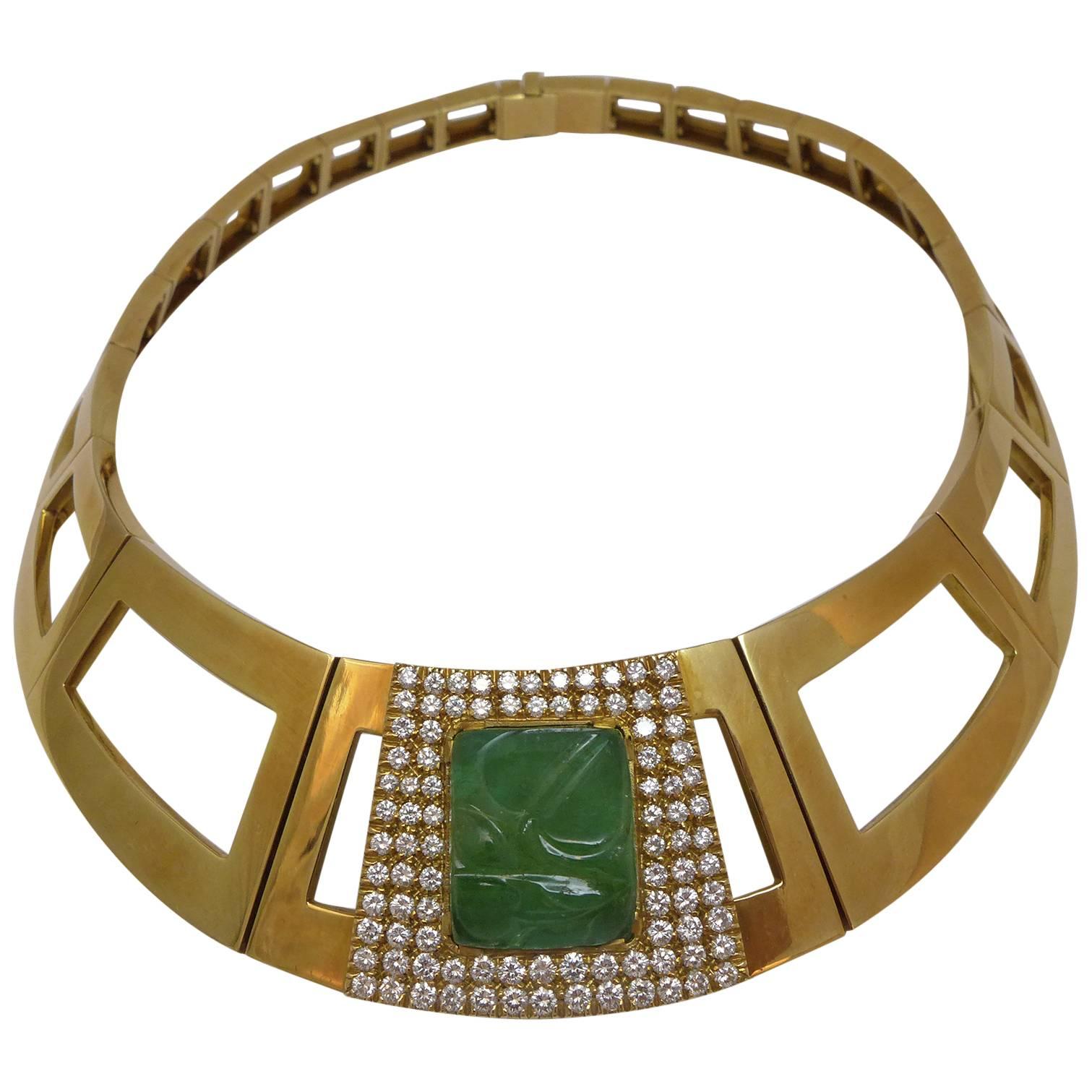 1970s Emerald Diamond Gold Repossi Necklace