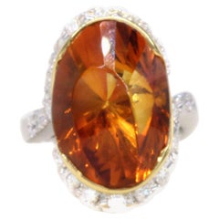 Vintage  Unique 1970s Madeira Citrine Diamond Platinum 18 Karat Gold Ring