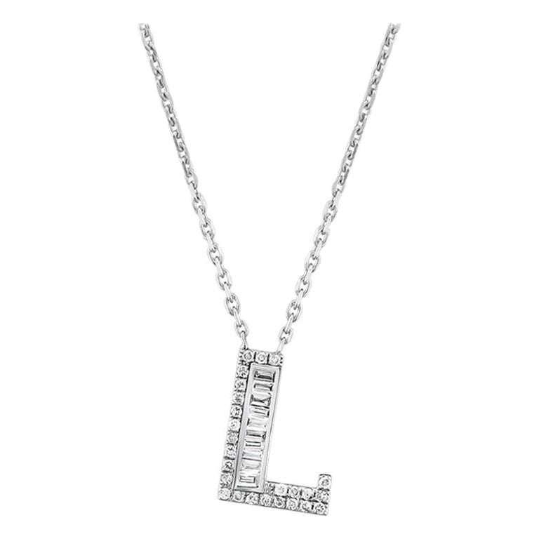 14K Solid White Gold Block Initial "L" Letter Charm Pendant & Necklace
