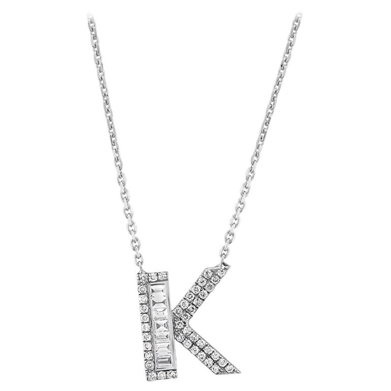 Baguette Diamond K Initial Necklace 14K Solid White Gold, Valentine's Day Gift For Sale