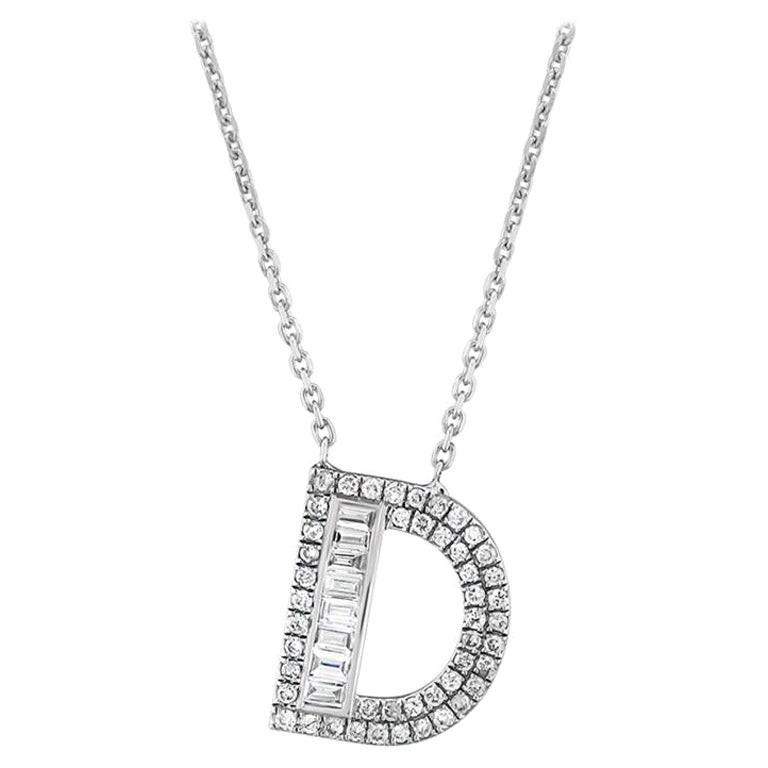 Letter D Baguette Diamond Necklace 14K Solid White Gold, Valentine's Day Gift For Sale