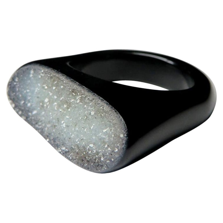 Druzy Agate Quartz Crystals Ring Minimalism Solid Stone Midnight Black Mens Ring en vente