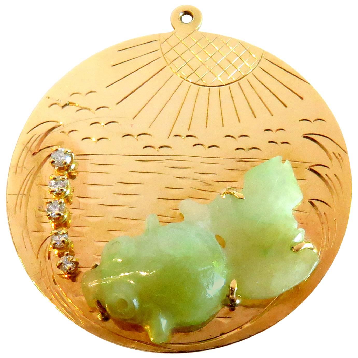 Women's or Men's Large Jade Koi Fish Diamond Bubbles Waves and Sunshine Gold Charm Pendant For Sale