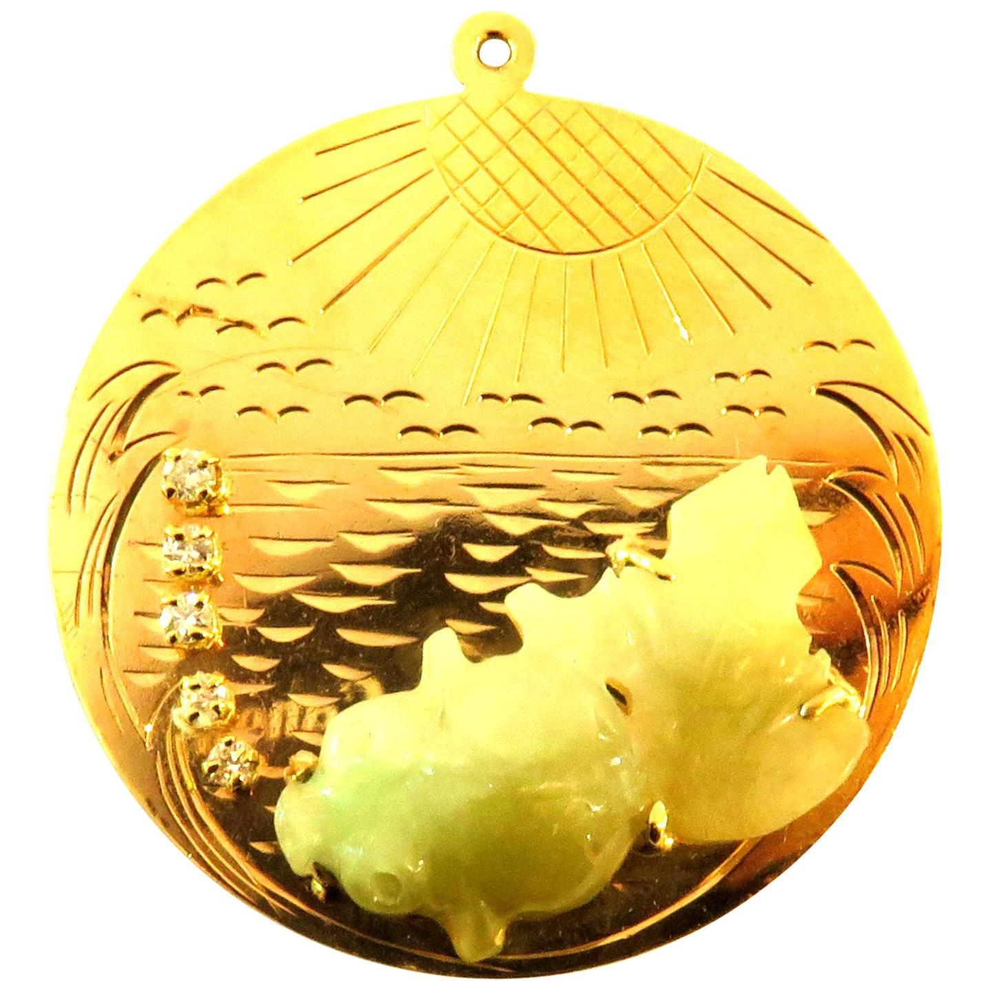 Large Jade Koi Fish Diamond Bubbles Waves and Sunshine Gold Charm Pendant For Sale