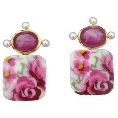 Natural Ruby Oval Cabs Cushion Ceramic 14 Kt Yellow Gold Pearls Stud Earrings