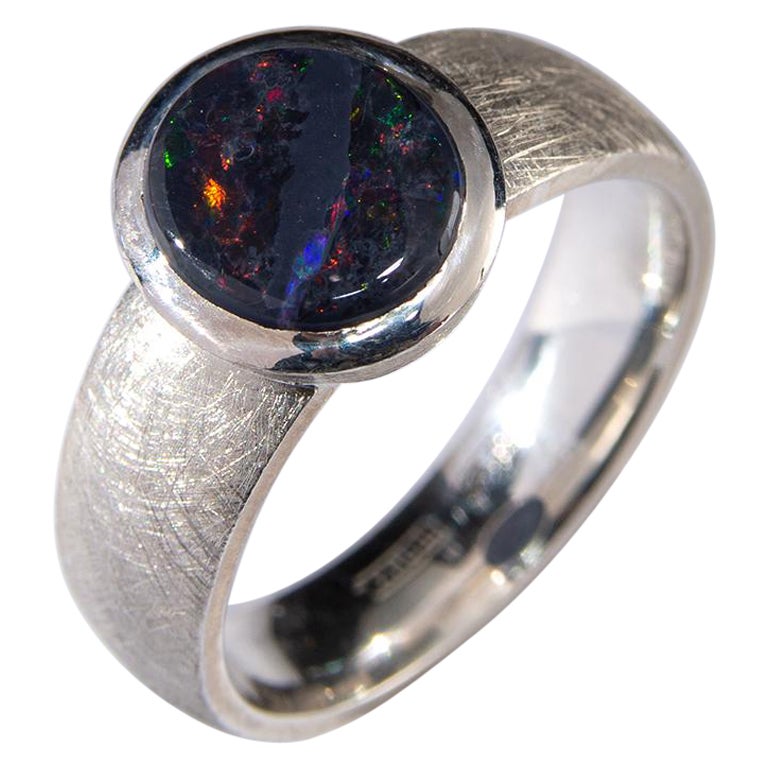 Black Opal Silver Ring Scratching Minimalism Cabochon Gem Unisex