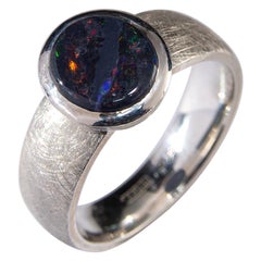 Black Opal Silver Ring Scratching Minimalism Dark Magic Cabochon Gem Men Ring