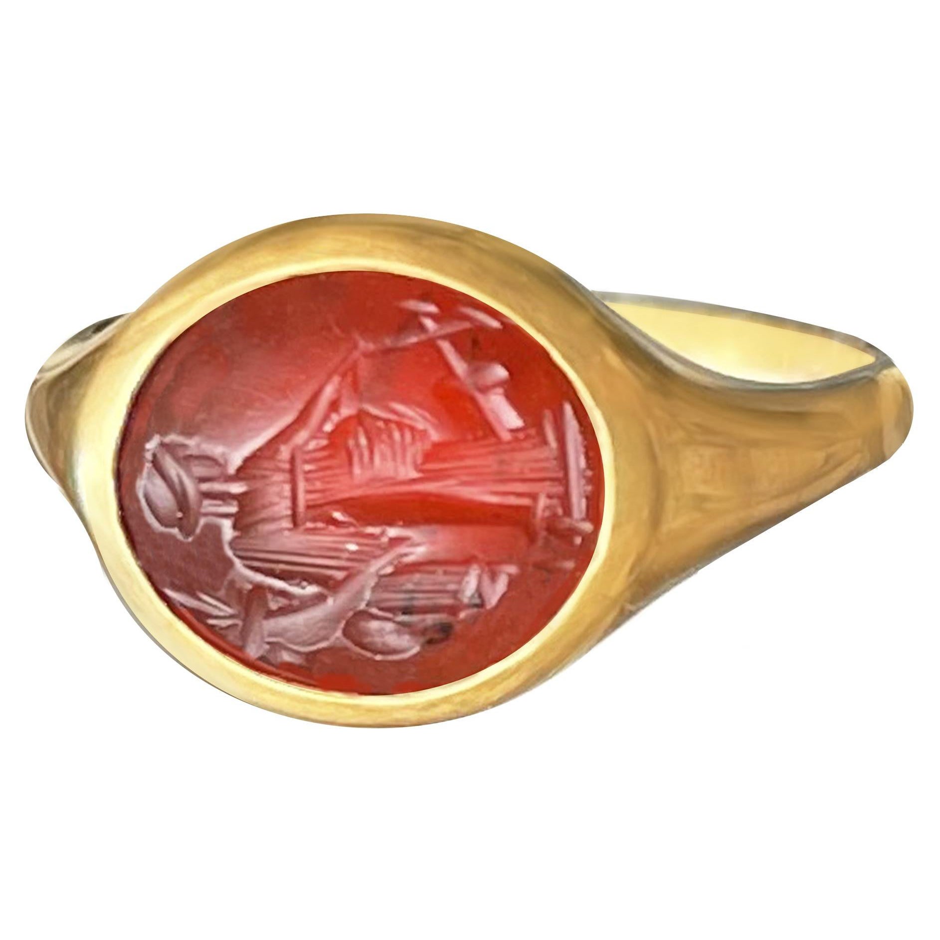 Roman Carnelian Intaglio '2nd Cent AD' 18 Kt Gold Ring Depicting Goddess Fortune