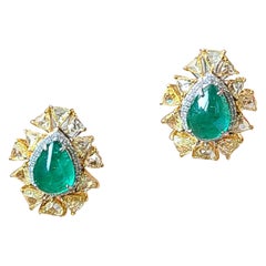 8.03 Carats, Zambian Emerald Cabochon & Yellow, Rose Cut Diamonds Stud Earrings