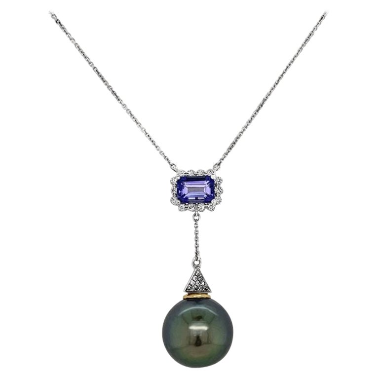 18ct White Gold Tahitian Pearl and Tanzanite Necklace For Sale