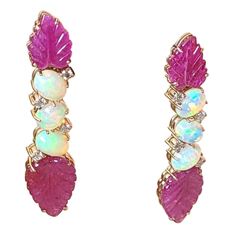 22.04 Carats, Carved Ruby, Ethiopian Opal & Diamonds Chandelier/Dangle Earrings For Sale