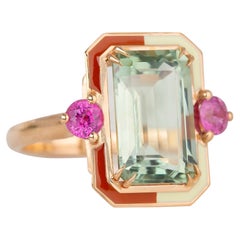 Art Deco Style 7.10 Ct Green Amethyst and Sapphire 14K Gold Cocktail Ring