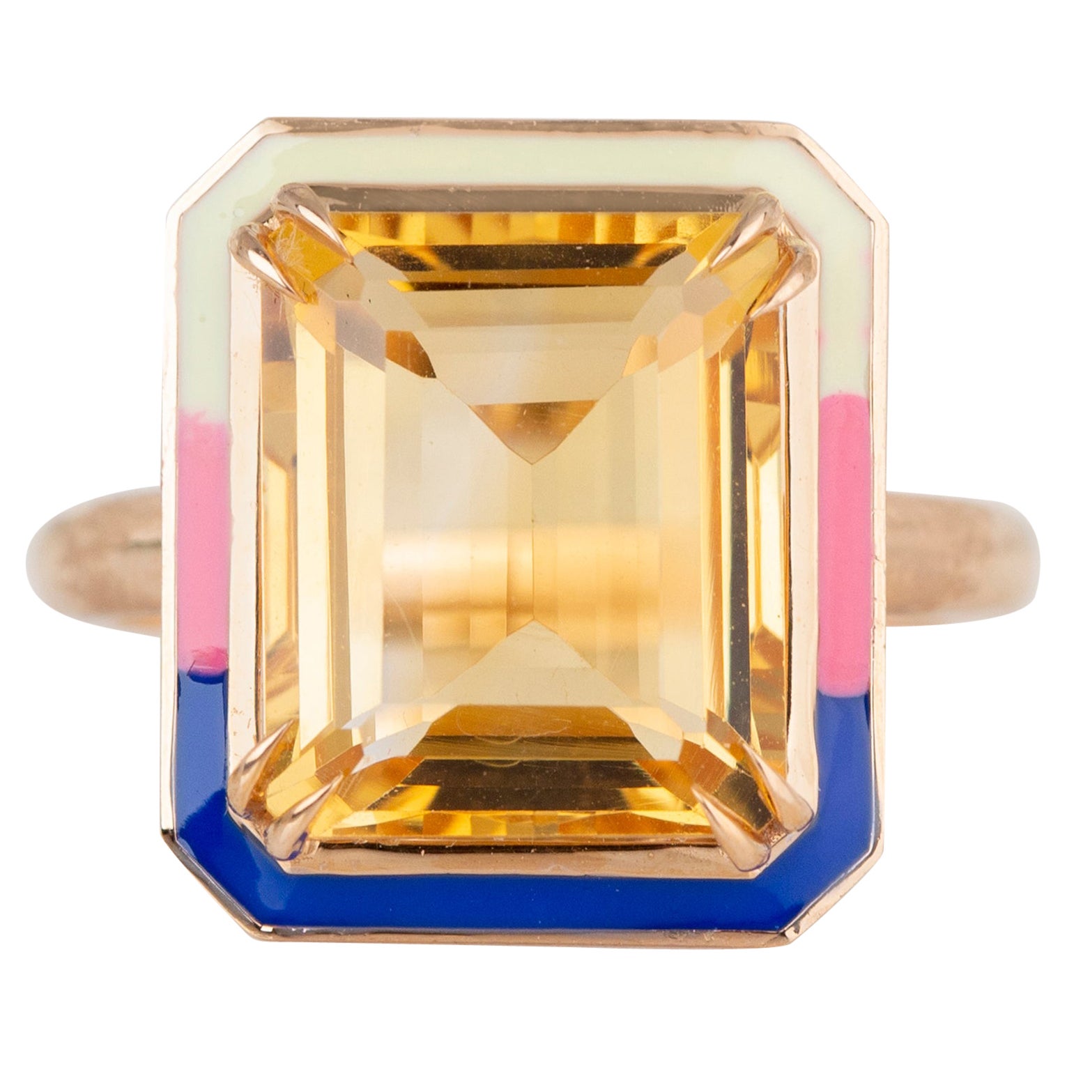 For Sale:  Art Deco Style 6.35 Ct Citrine Tria Color Enamel 14K Gold Cocktail Ring