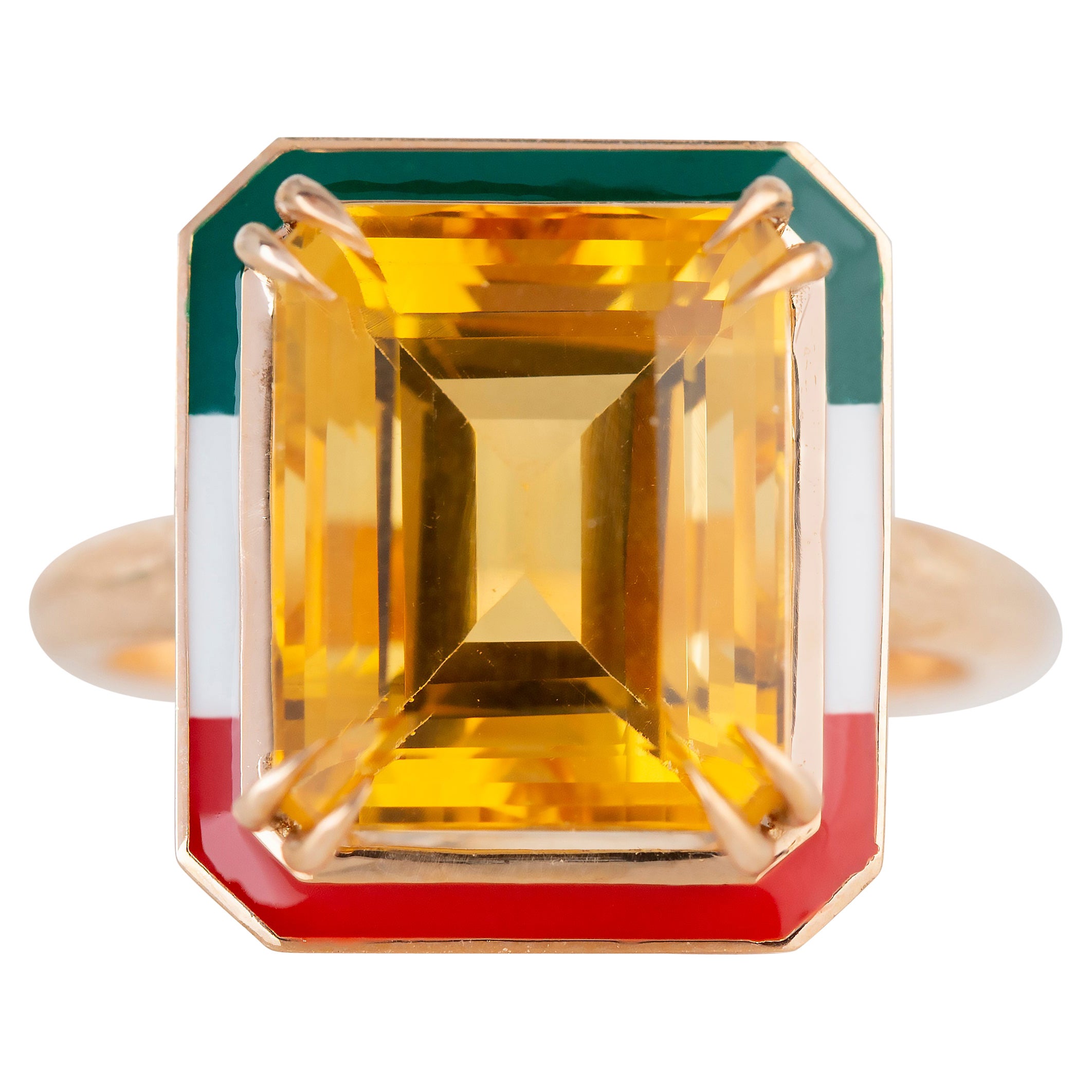 Art Deco Style 6.30 Ct Citrine Italy Flag Color Enamel 14K Gold Cocktail Ring