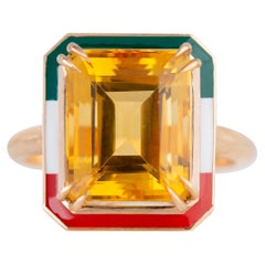 Art Deco Style 6.30 Ct Citrine Italy Flag Color Enamel 14K Gold Cocktail Ring