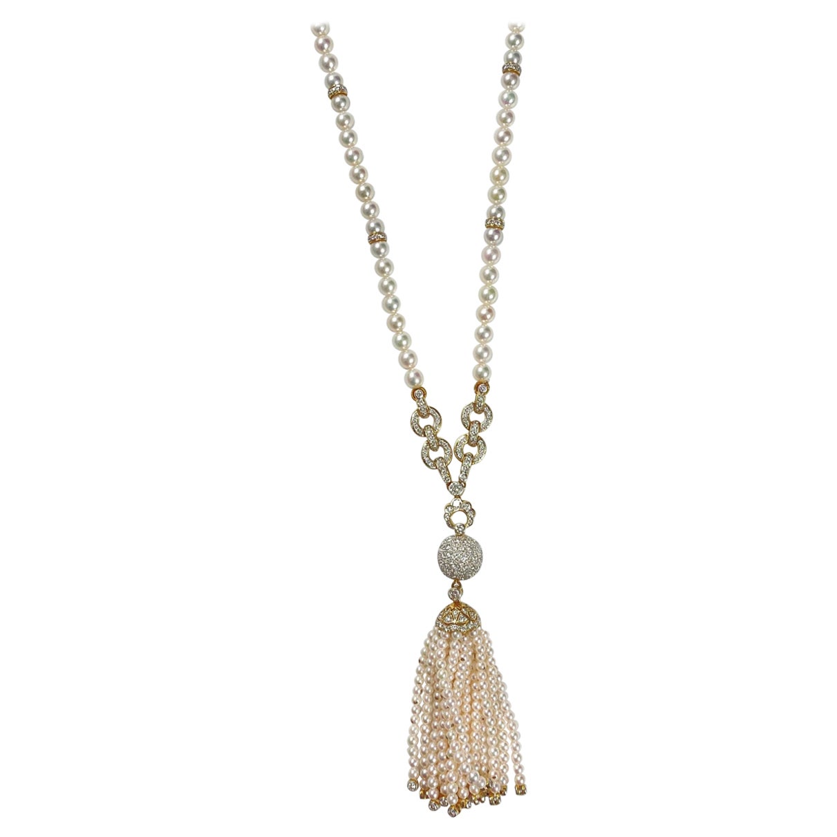 Vintage Pearl Pave Diamond Sautoir Tassel Drop Necklace Yellow Gold 1970s