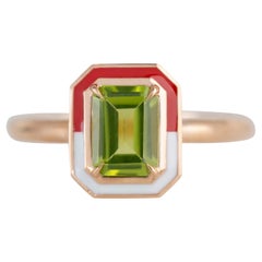 Art Deco Style 1.00 Ct Peridot Double Color Enamel 14K Gold Cocktail Ring