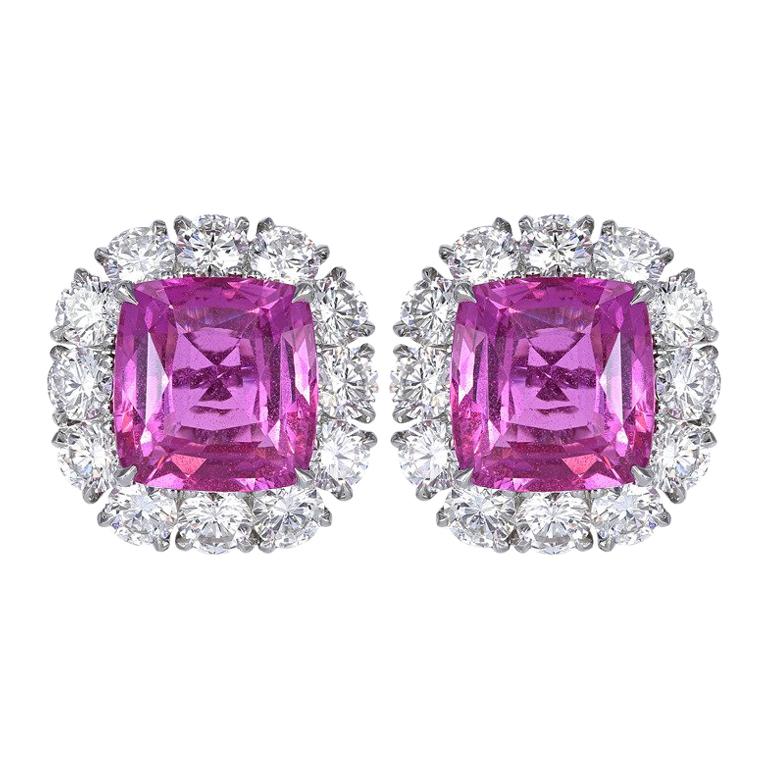 No Heat Pink Sapphire Diamond Platinum Cluster Earrings For Sale