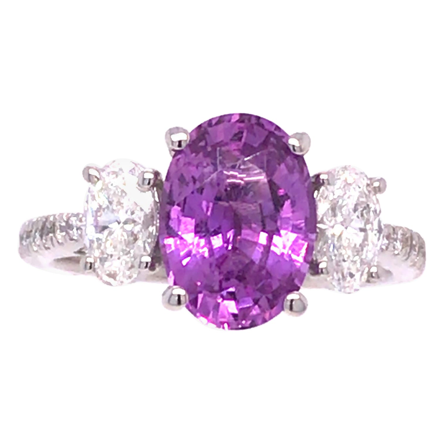 2.53 Carat Oval Cut Pink Rose Sapphire and Diamond Ring in 18k White Gold For Sale