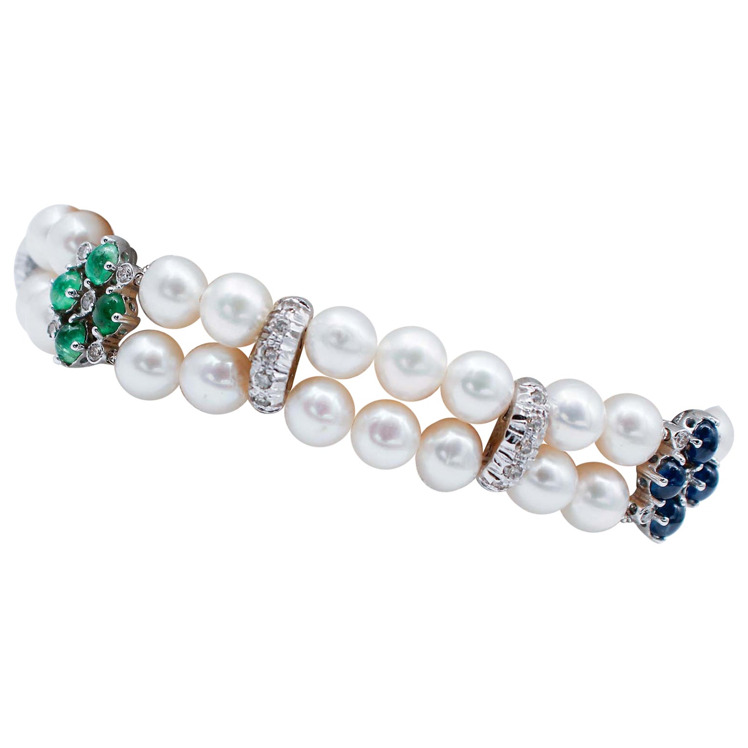 Sapphires, Emeralds, Rubies, Diamonds, Pearls, 14 Kt White Gold Beaded Bracelet