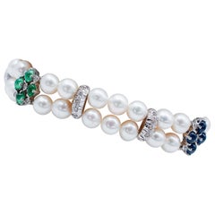 Sapphires, Emeralds, Rubies, Diamonds, Pearls, 14 Kt White Gold Beaded Bracelet