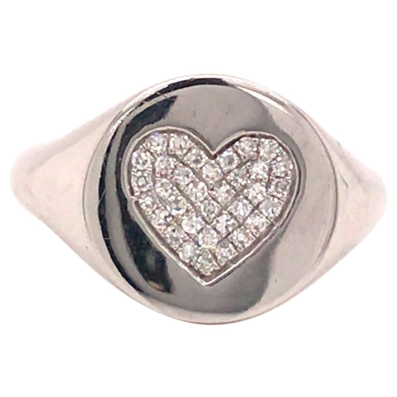 14K Diamond Pave Heart Signet Pinky Ring White Gold