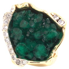 18K Raised Rough Emerald Diamond Ring Yellow Gold