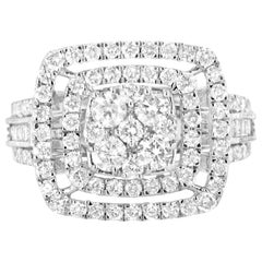 10K White Gold 2.00 Carat Round-Cut & Baguette Diamond Halo and Cluster Ring