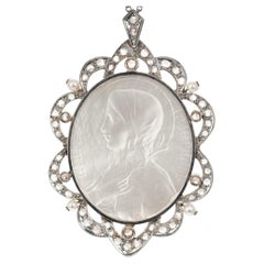 Antique Madonna Mother of Pearl Diamond Platinum Pendant Necklace