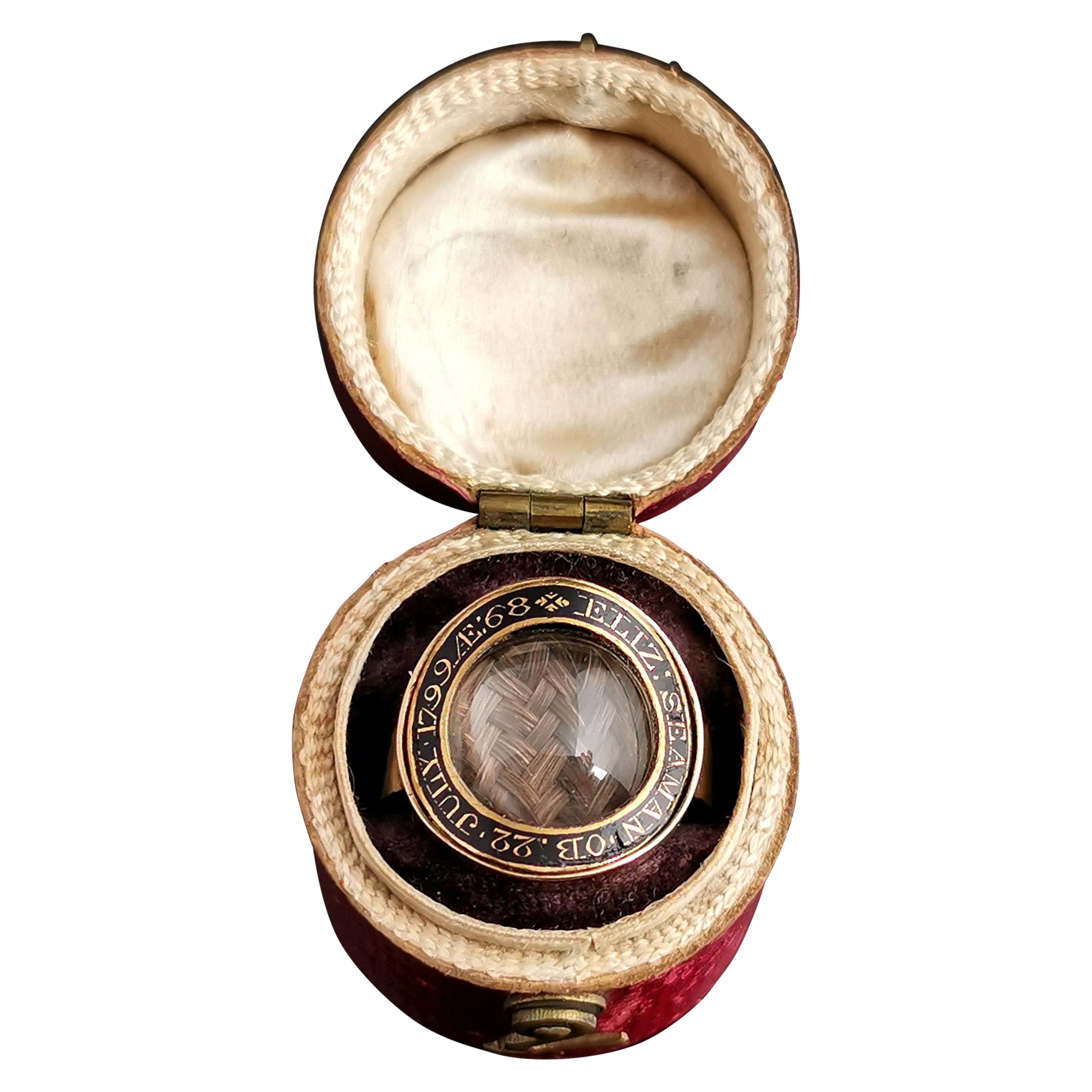Antique Georgian mourning ring, 12k gold, Black enamel and Hairwork, boxed