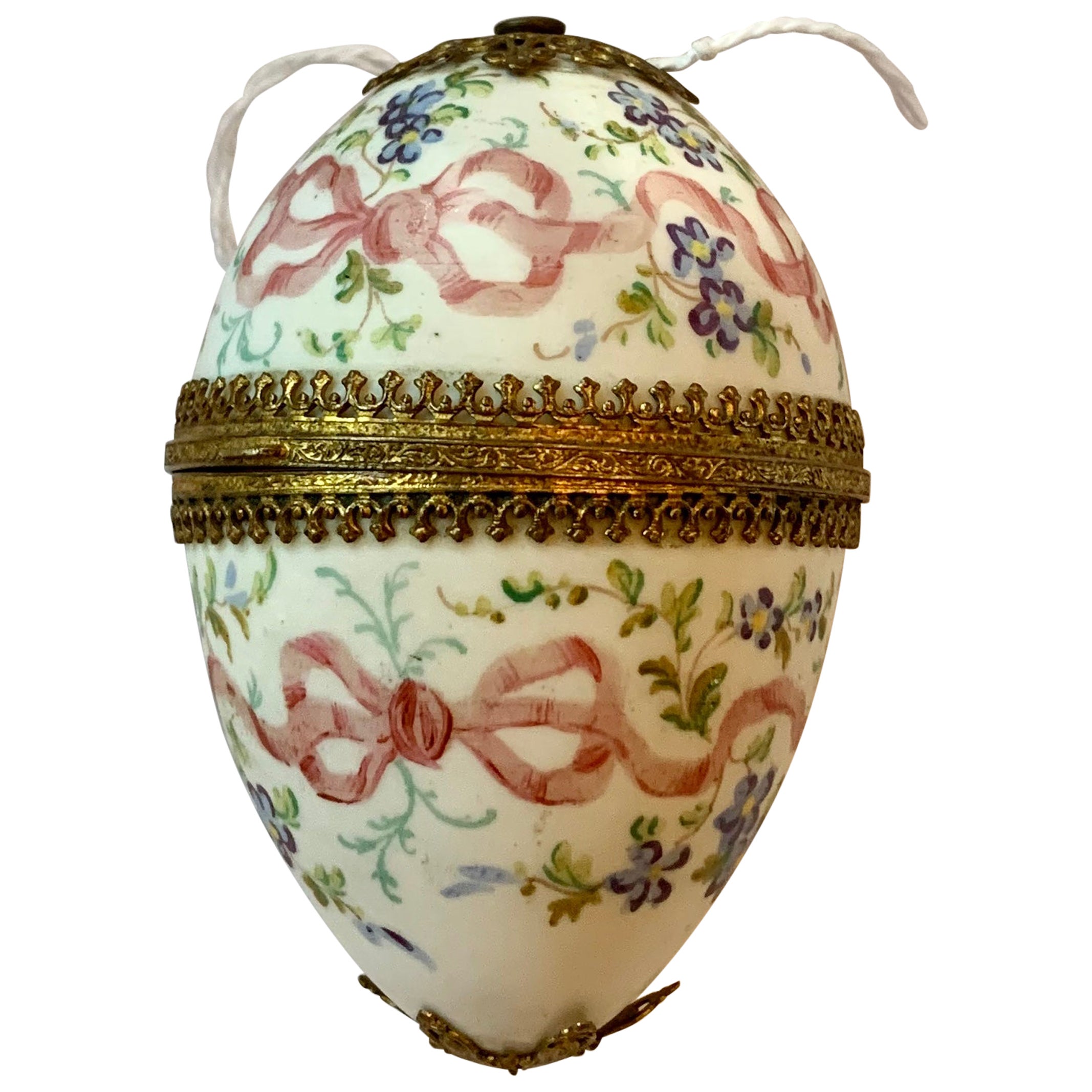 French Porcelain Ormolu Gilt Egg Box Forget Me Not Flower Bow Palais Royale For Sale