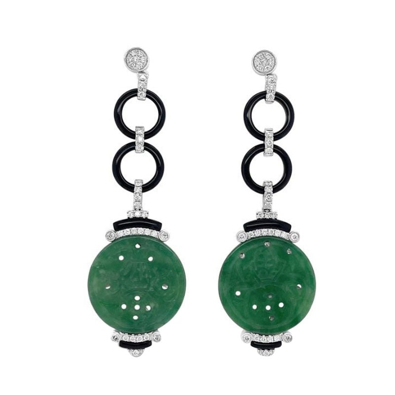 18ct White Gold Jadeite and Diamond Earrings For Sale