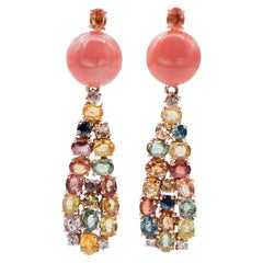 Multicolor Sapphires, Diamonds, Coral, 14 Karat Rose Gond Dangle Earrings
