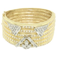 Vintage Custom 14k TT Gold 12ctw Diamond Ribbed Wide Bangle Cuff Bracelet