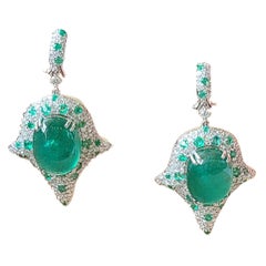 35.32 Carats, Zambian Emerald Cabochon & Diamonds Chandelier/ Dangle Earrings