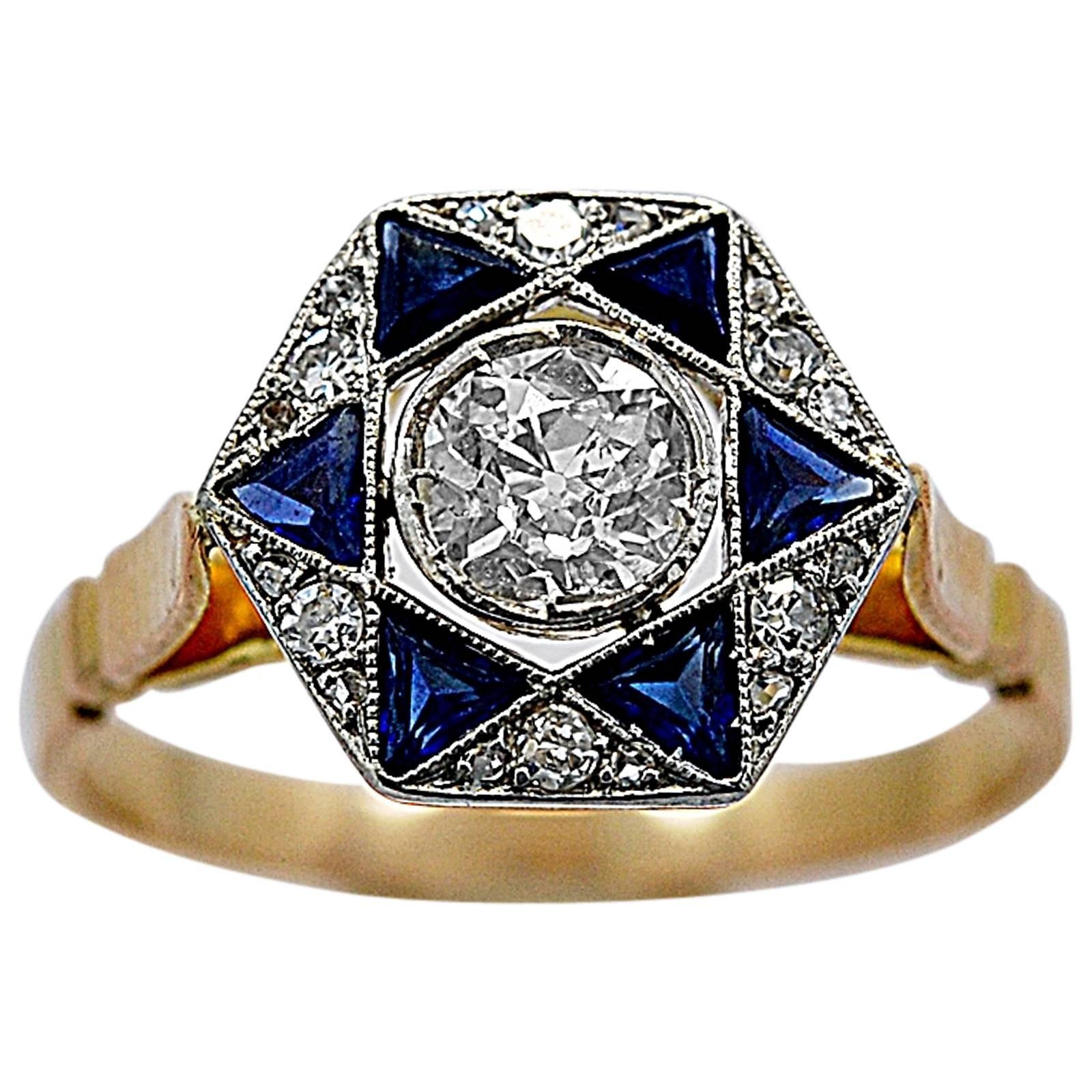 1920er Jahre Saphir Diamant Platin Gold Verlobungsring