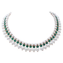 Green Agate, Diamonds, White Pearls, 9Kt Rose Gold and Silver Retrò Necklace