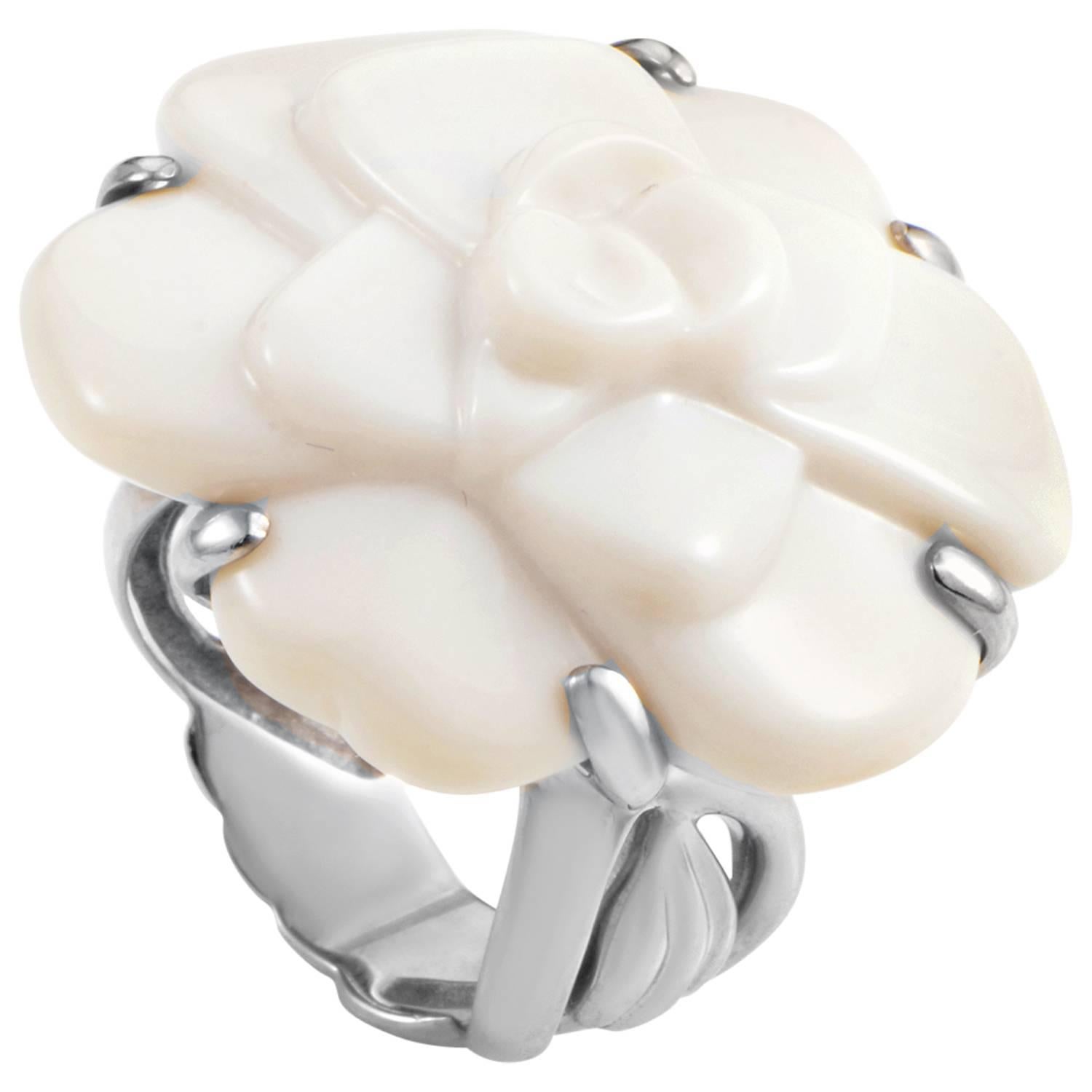Chanel Camellia White Agate Gold Ring