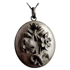 Antique Victorian Mourning Locket Pendant, Vulcanite and Bog Oak, Floral