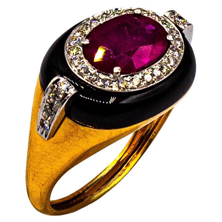 Art Deco Style Oval Cut Ruby White Diamond Onyx Yellow Gold Cocktail Ring