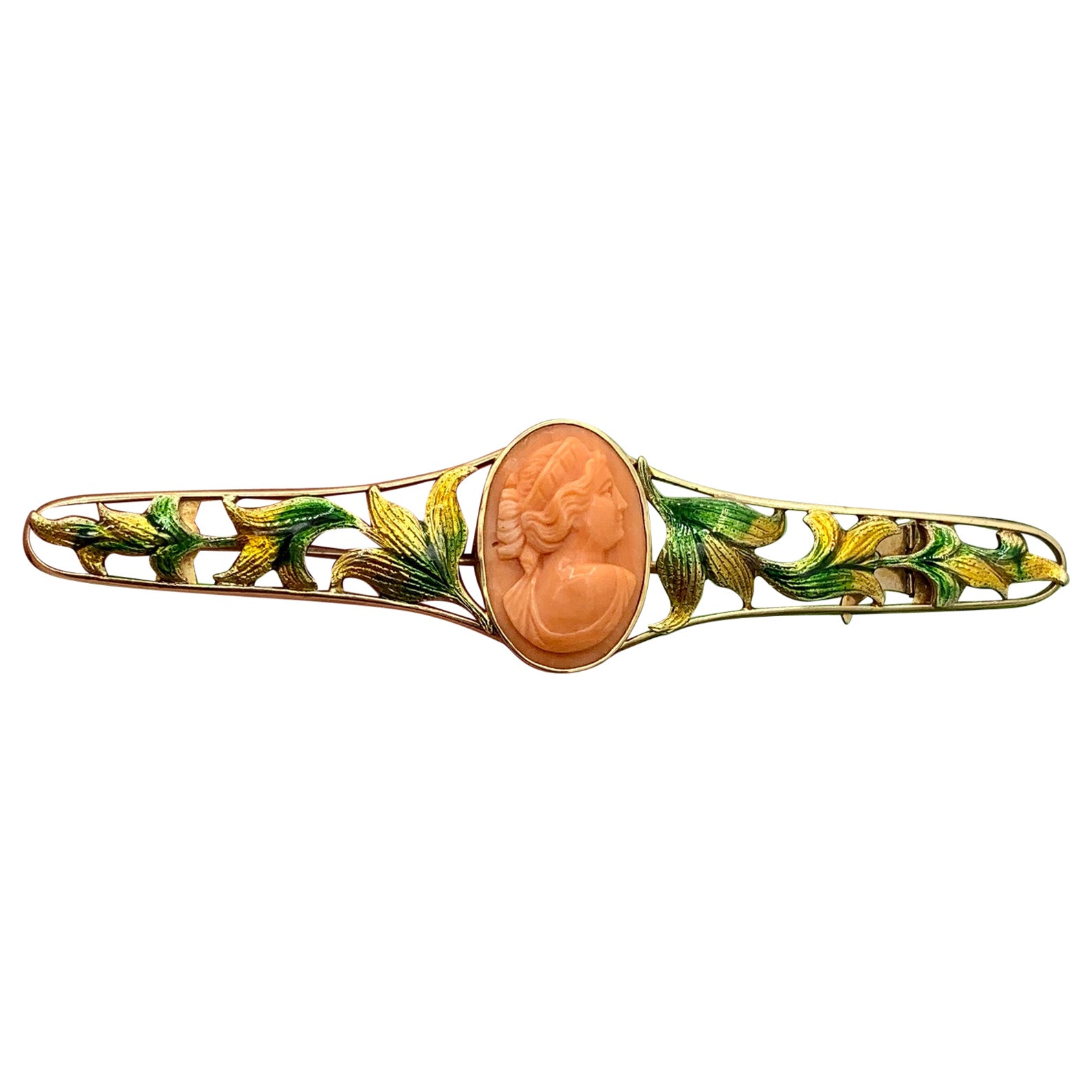 Art Nouveau Coral Cameo Enamel Brooch Pin 14 Karat Gold Maiden Flower