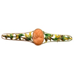Antique Art Nouveau Coral Cameo Enamel Brooch Pin 14 Karat Gold Maiden Flower