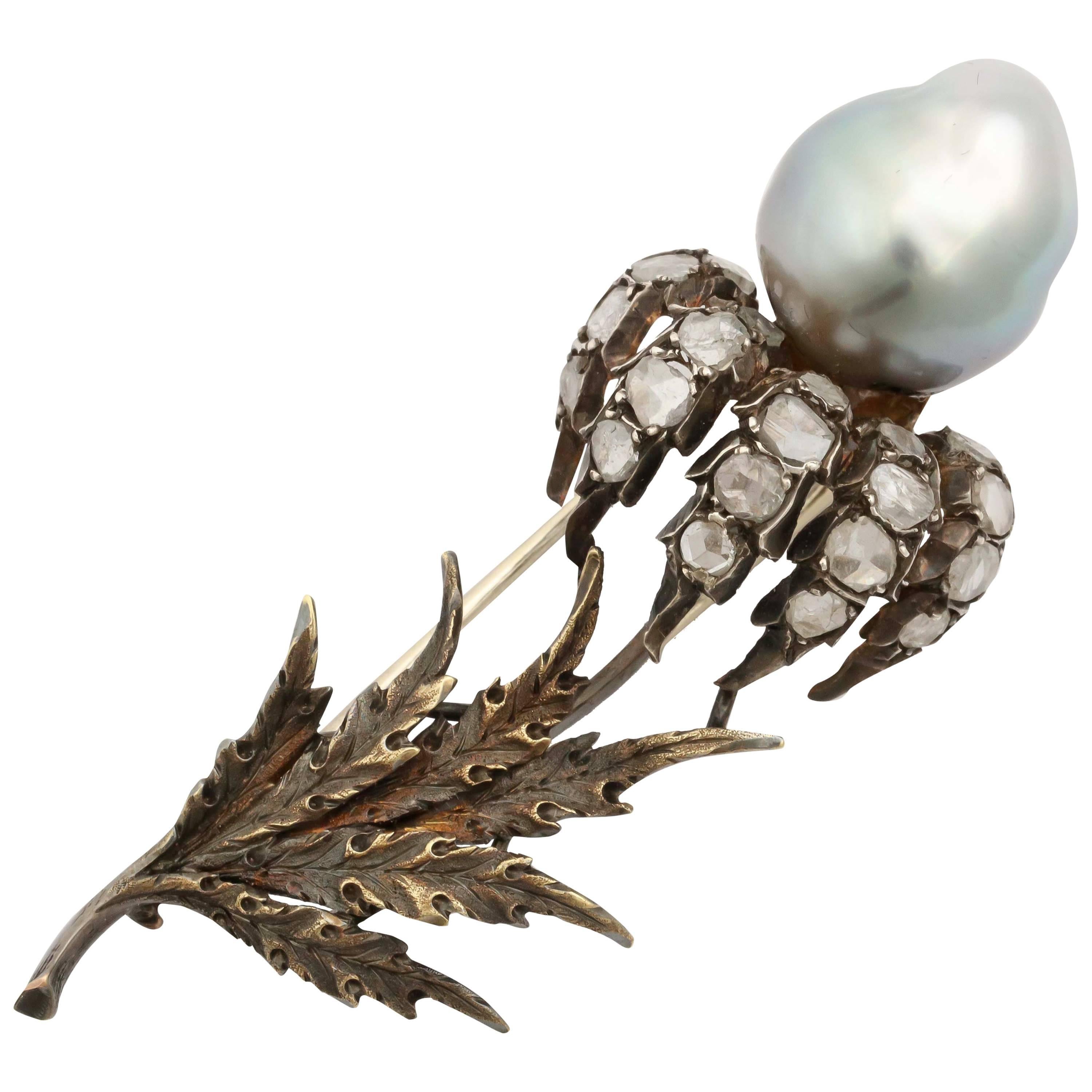Brosche "Ccellati" aus Silber und Gold mit Perlen und Diamanten im Angebot