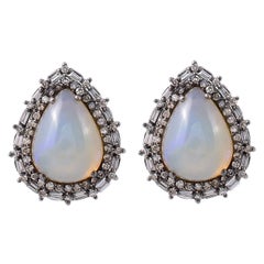 5.33 Carat Opal and Diamond Cluster Stud Earrings in Art-Deco Style